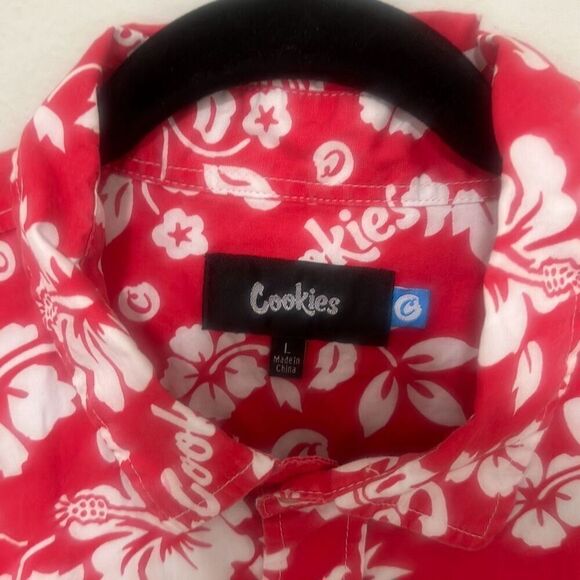 Cookies Mens Red Collared‎ Short Sleeve Cotton Hawaiian Button Up Shirt Large - Picture 4 of 7